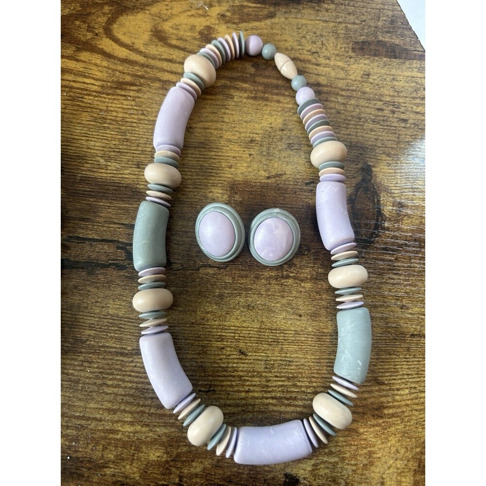Lot 3 Vintage Beaded Necklaces Pastel Statement Set w Earrings Retro Chic - Picture 10 of 13